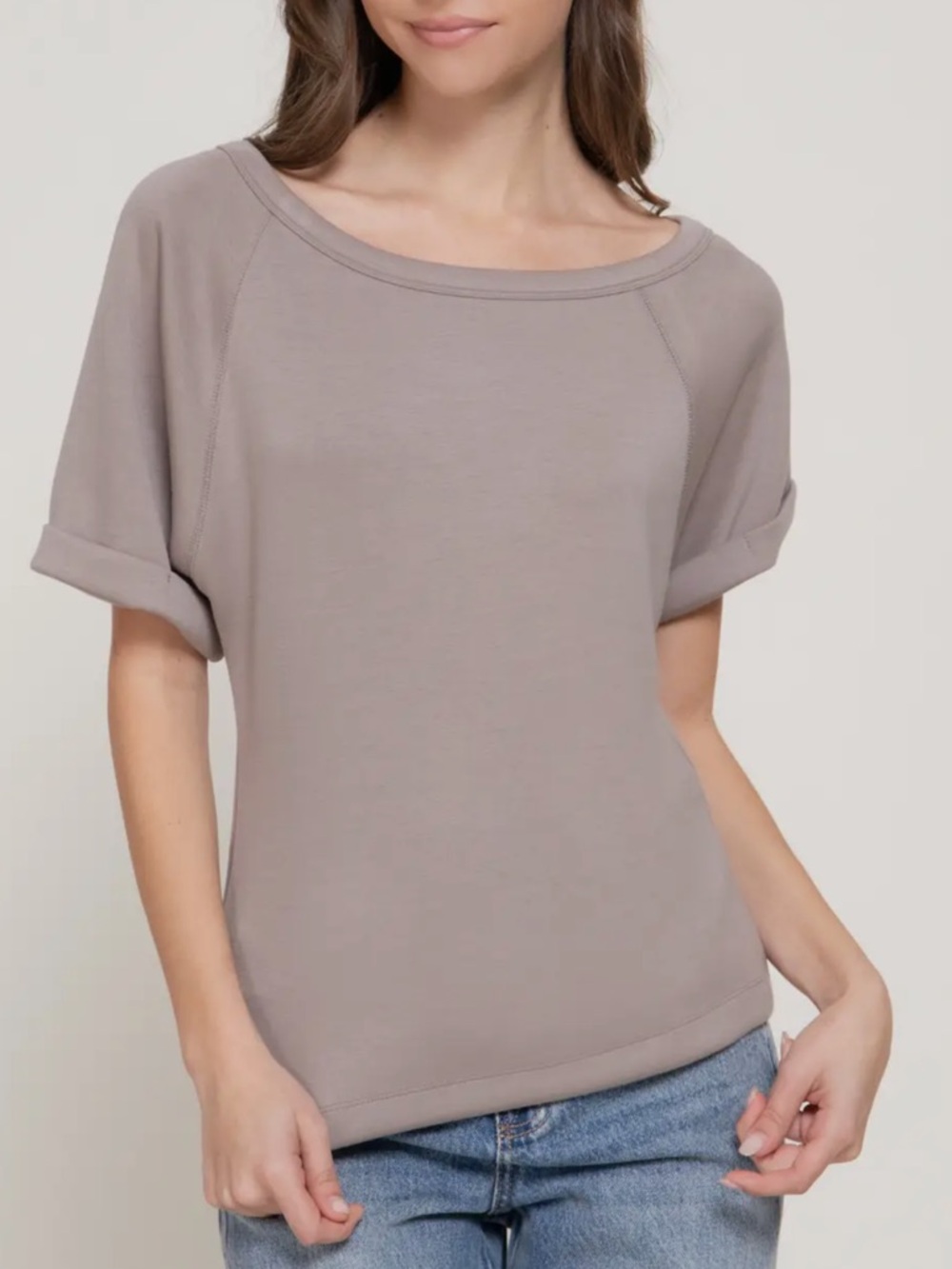 ShopEvelynne Taupe Boatneck Short-Sleeve Top